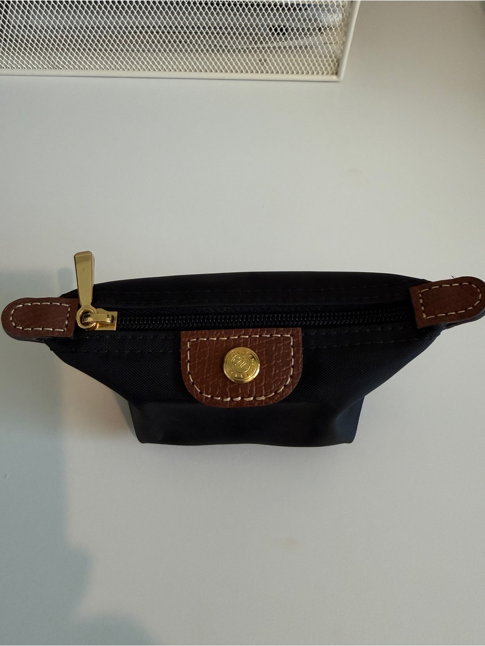 Longchamp Black Nylon Zip coin or lipstick Pouch with Brown Leather Trim